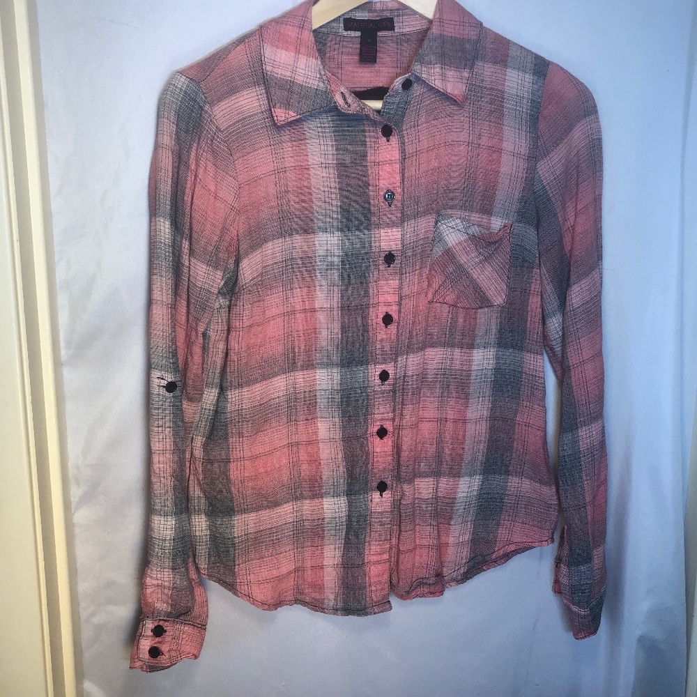 Material Girl Pink Plaid Long Sleeve Button Down
